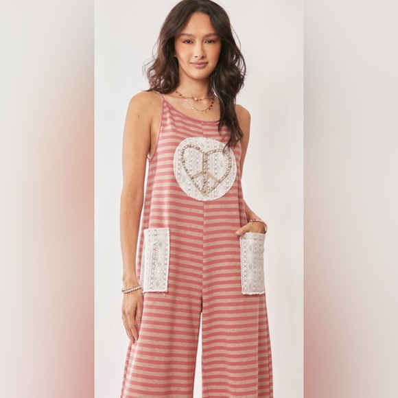 DAVI & DANI Pants - Striped Pink Overalls with Heart Design. Striped French Terry Heart Jumpsuit